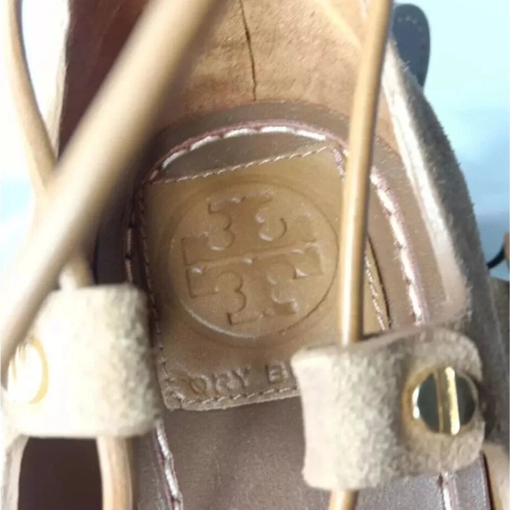 Tory Burch Jakey Gladiator Heels Tan Suede Caged Shoes Size 10.5 M
